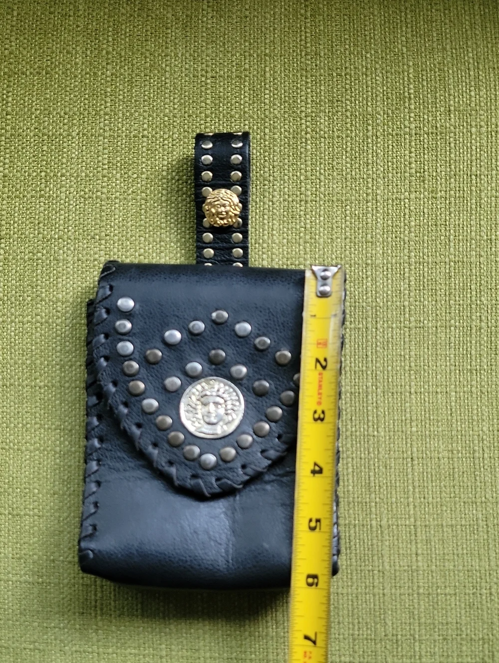 Leatherock Black Leather Studded Belt Pouch with Gold Medallion